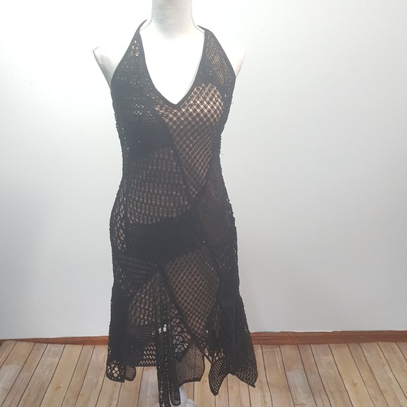 Cache Dresses & Skirts - Cache Nude Dress with Beaded Black Mesh Overlay